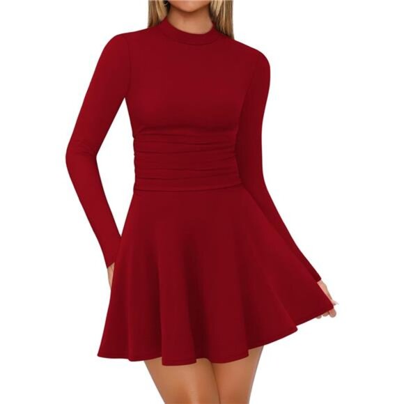 Long Sleeve Mini Dresses for Women Wine Red - Picture 1 of 5